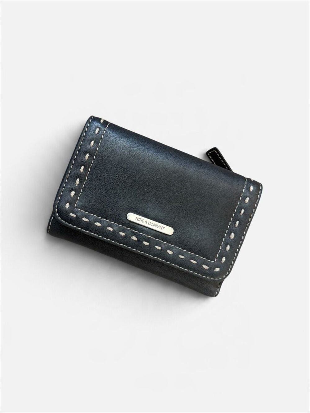 Nine & Co Nine West Black Leather Whipstitch Snap Wallet Classic